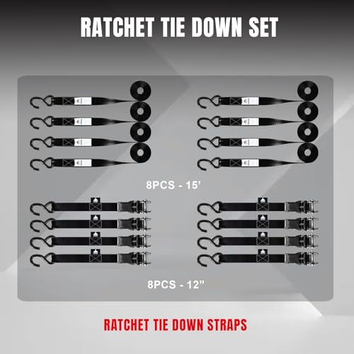 Jack Boss 1500 lbs Break Strength Ratchet Tie Down Straps Set,1" x 15' Heavy Duty Ratchet Straps with Coated S Hook, Fits for Moving Appliances Motorcycle ATV Truck, Black - color: Black-8pcs