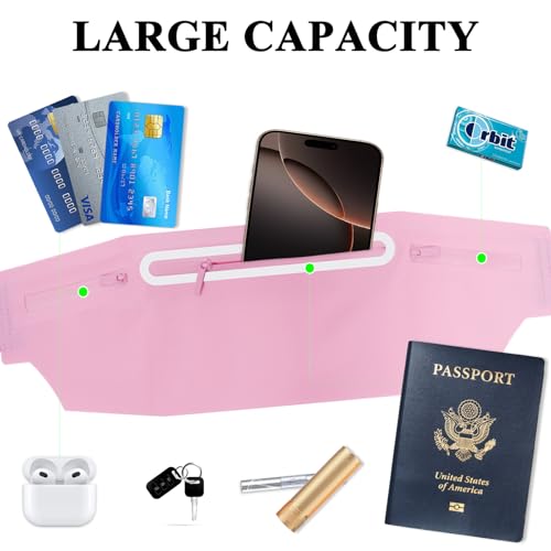 Fanny Packs for Women,Waterproof Fanny Pack for Men,Adjustable Running Belt Waist Pack Slim Expandable Pocket Belt Bag,iPhone Running Holder Cell Phone Elastic Waist Pouch Bag Light Pink - color: 03-Pink with 3 Pockets