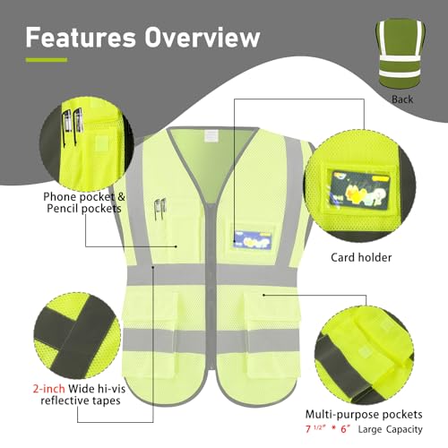 High Visibility Safety Vest with Pockets and Zipper, 1 Pack 5 Pack - color: Yellow-mesh, size: Large