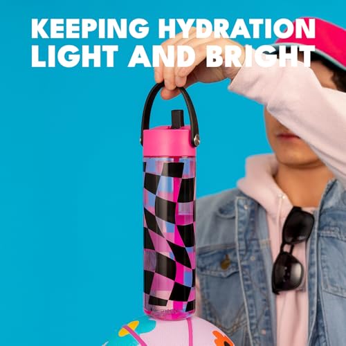 Elemental Splash 26oz Tritan Plastic Reusable Water Bottle w/Straw & Strap - color: Pink Checkers, size: 26 Ounces