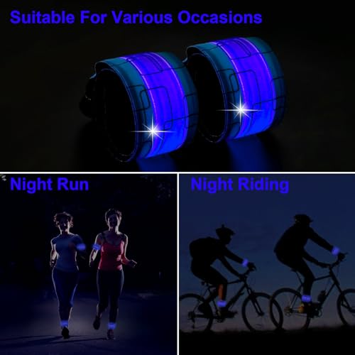 LED Safety Wristband Lights - Rechargeable Light Up Arm Ankle Band Kids Magic Slap Glow Bracelets Reflective Belt High Visibility for Night Cycling Walking Joggers Running Gear - color: Blue-Charge