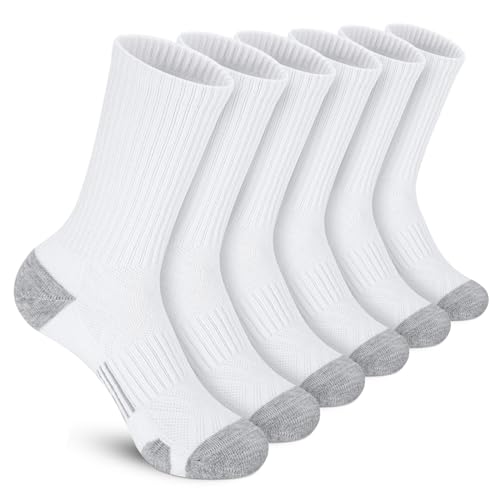 Felicigeely Athletic Crew Socks Cushioned Breathable for Men & Women 6 Pack - color: White, size: 12-14
