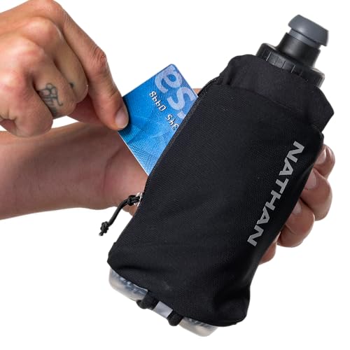 Nathan SpeedDraw 2 Insulated Handheld Running Water Bottle Flask – Double-Wall Insulation, Ergonomic Grip, Blast Valve Cap, Phone & Key Storage Pockets, Reflective Design - 12oz Insulated - Black - color: 12oz Insulated - Black