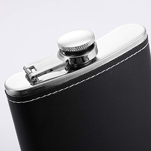 1 Pack Flask for Liquor and Funnel, Premium 8 Oz Leak Proof 18/8 Stainless Steel Pocket Hip Flask with Black Leather Cover, Great Gift Idea