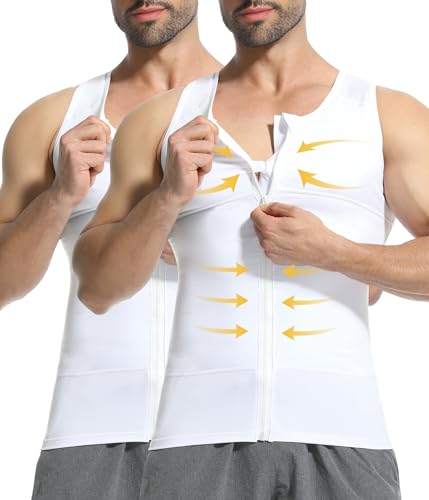 Mens Compression Shirt Zipper, Gynecomastia Tummy Control Vest, Back Support Shapewear Slimming Undershirt - color: 2 Pack White, size: Medium