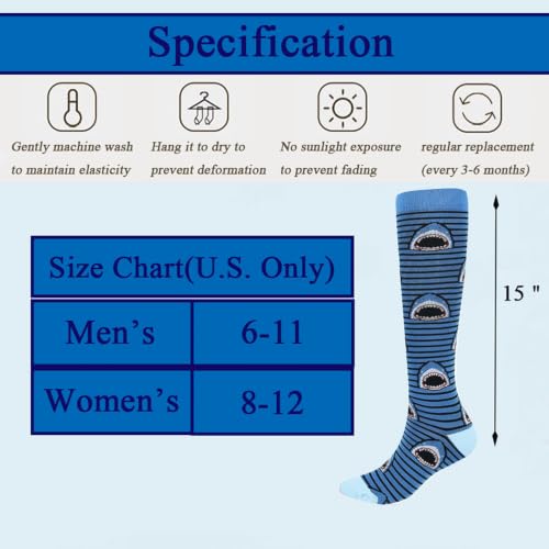 Compression Socks for Women Festival Knee High Socks Calf Stockings - color: Navy Striped Shark, size: Large