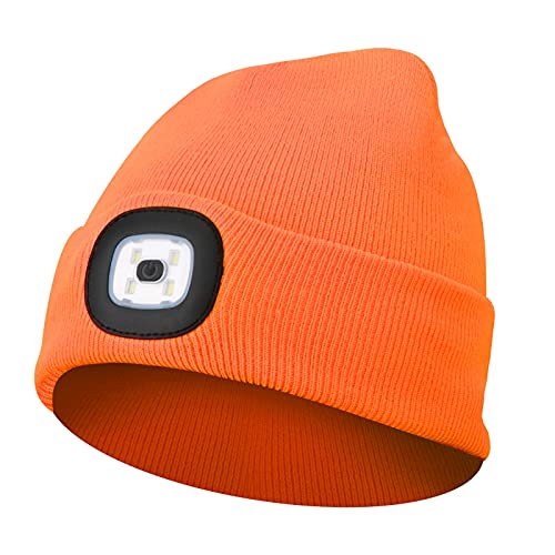 Beanie Hat with Light Unisex LED Beanie Hat with Light USB Rechargeable Running Hat Alpine Cap Gift for Men and Women Teens - color: Orange