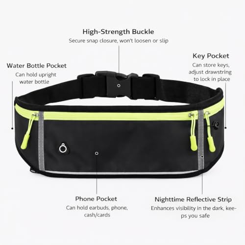 Sports Waist Pack with Water Bottle Holder – Reflective Running Belt with Multi Pocket Storage for Cycling and Exercise (Black) - color: Black