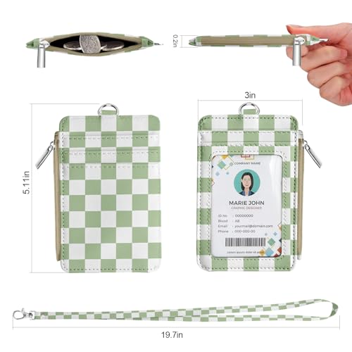 bolimoss Lanyard Wallet with ID Badge Holder, Small Keychain Wallet for Women, Pu Leather Slim Credit Card Holder with Breakaway Neck Lanyard for Teacher Student School Work Office - color: Mint Green Checkerboard