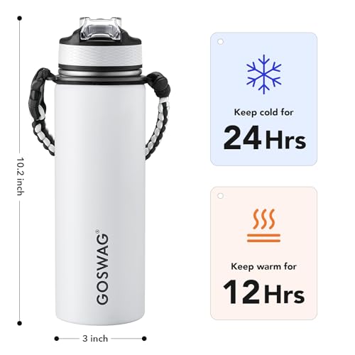 GOSWAG 24oz Insulated Stainless Steel Travel Water Bottle, 2 Lids - color: Matte White