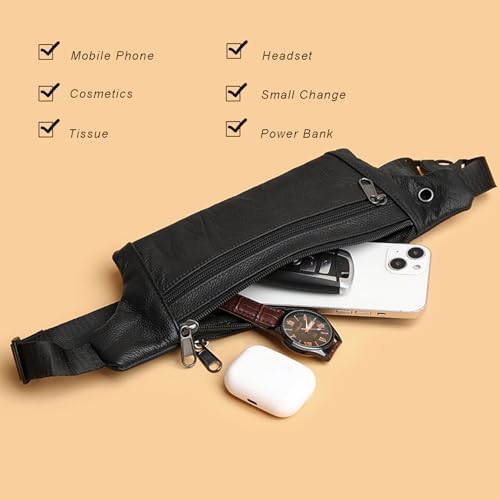 Leather Belt Bag,Black Belt Bag Mens Fanny Pack Crossbody 3-Zipper Pockets Phone Bag Fits All Phones Wallet Keys, Casual Hands-Free Waist Pack For Travel Workout Running Gifts