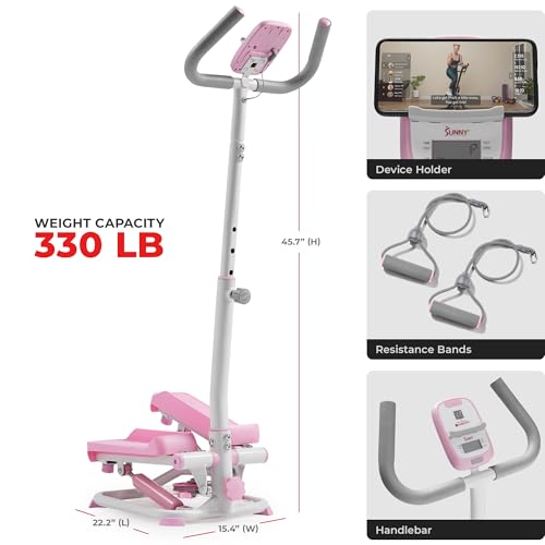 Sunny Health & Fitness Smart Stair Stepper w/Handlebar & Resistance Bands - color: Pink