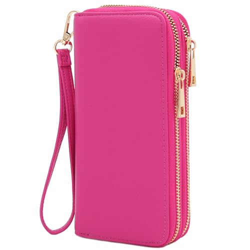 FashionPuzzle Double Zip Around PU Leather Wristlet Cell Phone Wallet - color: Fuchsia