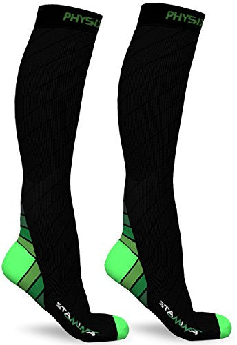 Physix Gear Compression Socks 20-30 mmHg - Men & Women - Running, Nurses, Shin Splints, Flight, Travel - color: Black/Green, size: L/XL