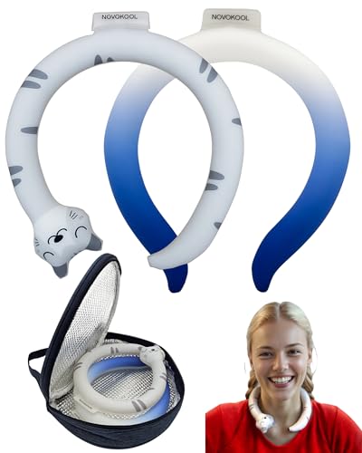 2 Pack Neck Cooling Tube with Insulated Bag - Reusable Ice Ring Neck Cooler Indoor Outdoor - Wearable Cooling Wrap - Relief for Summer and Hot Flashes - Ice Ring Freezes Under 64℉(Cat+Blue) - color: 2 Pack Blue and White Gradient and Cat
