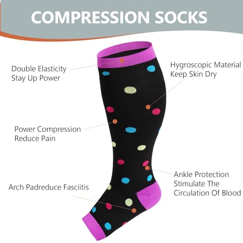 Abodhu Plus Size Compression Socks Open Toe Compression for Women& Men 15-20mmHg Wide Calf Knee High Toeless Compression Sock - color: Purple Dot, size: X-Large-XX-Large