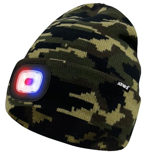 ATNKE LED Lighted Beanie Hat,USB Rechargeable 4 LED Red and Blue Flashing Running Headlamp Cap Gifts for Men and Women - color: #Camouflage Green