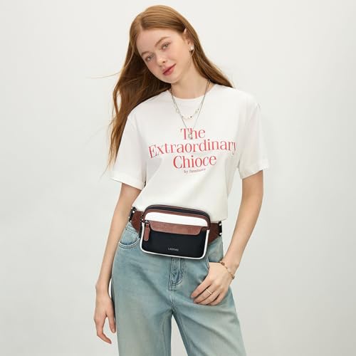 LATMAP 3L Fanny Packs for Women Cross Body Bag Vegan Leather Waist Belt Bag - color: Black and Brown with Beige