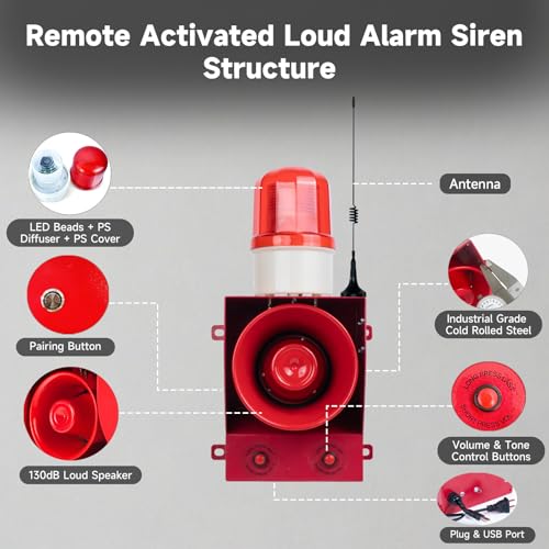 0.31mile Wireless Remote Control Siren Adjustable Volume Tone Waterproof 130dB Horn Security Alarm Systerm with LED Strobe Light AC110-120V
