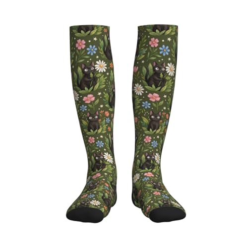 Hen Floral Compression Socks for Women Men - color: Black Cat Daisy Floral