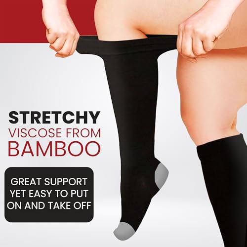 BAMS Plus Size Compression Socks Wide Calf XL XXL XXXL – Graduated Knee-High Support, Viscose from Bamboo Easy-On/Easy-Off - color: Black With Gray, size: X-Large