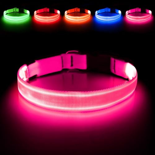 Illumifun LED Dog Collar, USB Rechargeable Waterproof Light Up Collar, Adjustable Glow Safety Light for Dogs Night Walking Camping and Hiking (Pink, Medium) - color: Pink, size: Medium