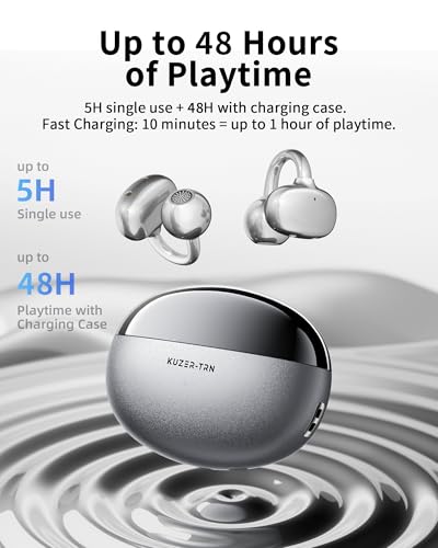 KUZER KT01 Pro Clip-on Earbuds, Open Wireless Bluetooth Headphones with Mic, Not in Ear, Won’t Fall Out, IPX5 Waterproof, 48H Playtime, Ultra-Light for Running, Work & Daily (White)