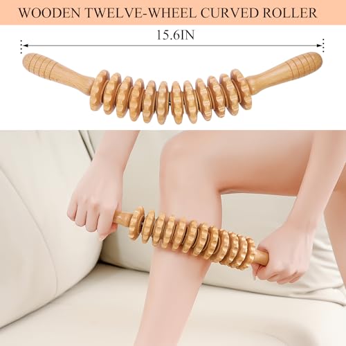 Cellulite Massage Tool Wood Therapy Massage Tools Fascia Blaster Mucle Roller Lymphatic Drainage Massager Deep Tissue Massage Stick for Legs Thighs Relief Recovery(White 12-Wheel) - color: Nude 12-wheel