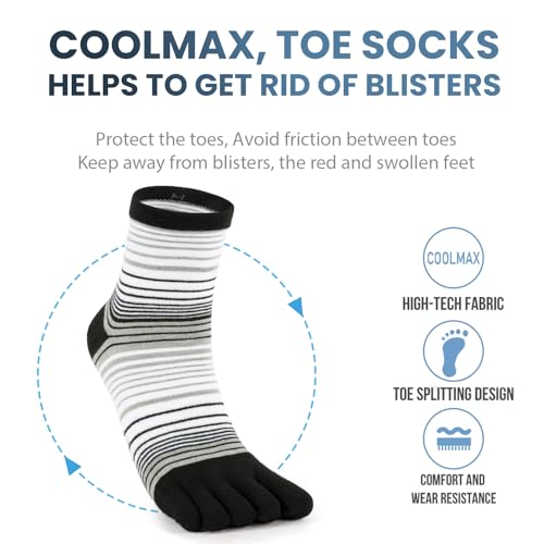 Toe Socks for Men and Women Athletic Running Coolmax Five Finger Ankle/Quarter Socks Breathable Lightweight, 3 Pairs - color: E4109# Striped, size: Medium