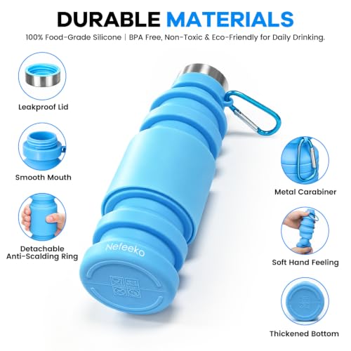 Nefeeko Collapsible Water Bottle, Reuseable BPA Free Silicone Water Bottles - color: Blue-18oz