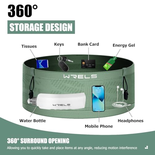 WRELS Slim Running Belt with Bib Number Clip,Elastic Phone Holder Fanny Pack for Women Men,Large Capacity Fitness Waist Pack Holds Water Bottle, Keys, Cards - color: Green-L