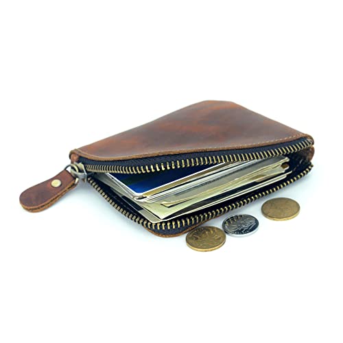 JJNUSA Genuine Leather Zipper Coin Purse Wallet With Key Car Smart Holder, Change Purse, Coin Pouch Holder For Men (Brown) - color: Brown