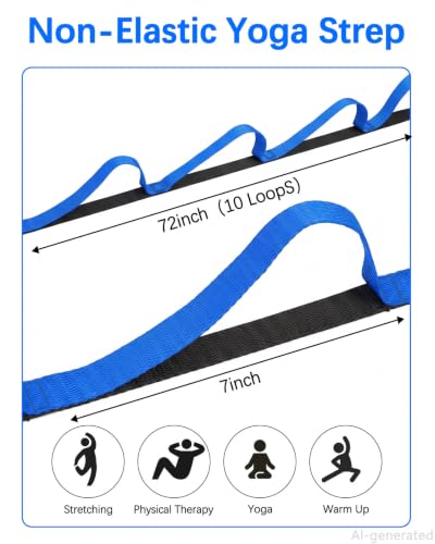 10 Loop Yoga Stretching Strap for Physical Therapy - Non-Elastic Exercise Band for Pilates, Yoga, Stretching for Women & Men - color: Black+Blue