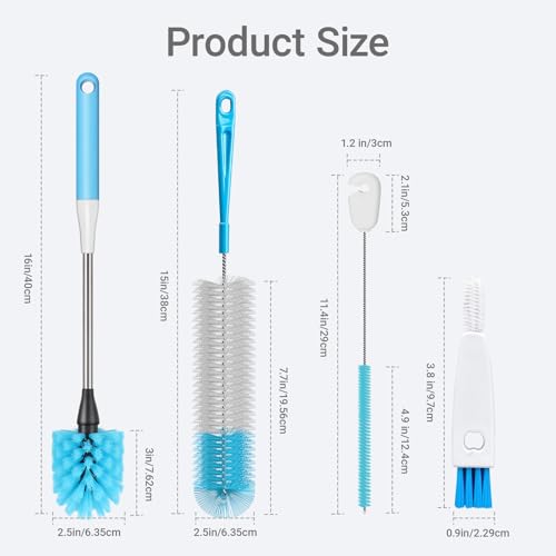 4-in-1 Bottle Brush, 16 Inches Stainless Steel Bottle Cleaner Brush with Long Handle Narrow Neck Bottle Brush, Straw Brush & Lid Brushe for Cleaning Wine Glasses,Coffee Mugs,Tumblers,Wine Decanters - color: Blue-4