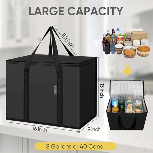 BALEINE Insulated Reusable Grocery Bags with Zippered Top, Large Cooler Bag - color: Charcoal Black, size: 2 Pack