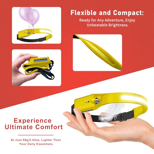 Nessciera Rechargeable LED Headlamp, 400 Lumens, 230° Wide Beam, USB-C, 5 Modes — Lightweight, Adjustable Headband; Hard Hat Clips for Camping, Hiking, Running, Repairs & Gift (1, Yellow) - color: Yellow