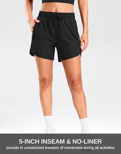 SANTINY Women's 3.5''/5''/7'' Athletic Gym Running Shorts Zipper Pockets - color: Black, size: Medium