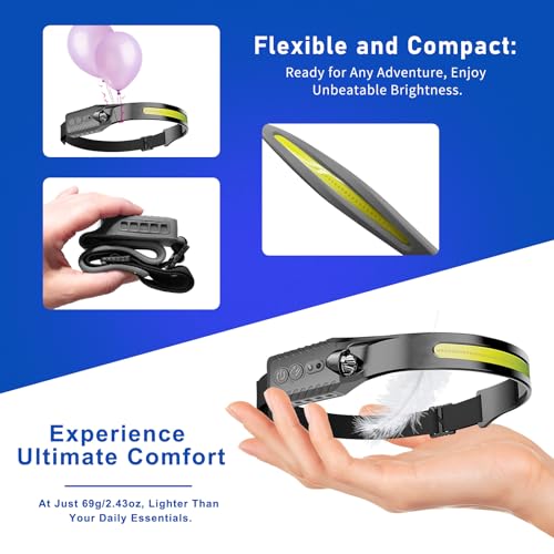 Nessciera Rechargeable LED Headlamp (Gray), 400 Lumens, 230° Wide Beam, USB-C, 5 Modes — Lightweight, Adjustable Headband; Hard Hat Clips for Camping, Hiking, Running & Repairs - color: Gray