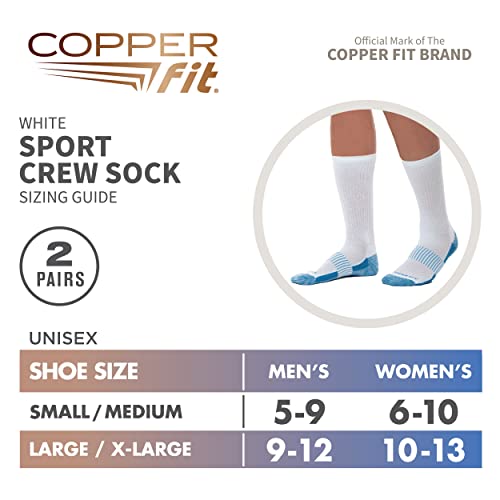 Copper Fit Unisex Crew Length Sport Socks, 2 Pair - color: White, size: Small-Medium