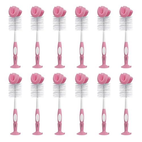 Dr. Brown's Reusable Sponge Baby Bottle Cleaning Brush with Suction Cup Stand and Nipple Cleaner, BPA-Free, Pink, 12-Pack - color: Pink Bottle Brush, size: 12-Pack