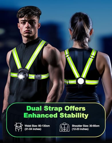 ISEYOU Running Lights for Runners, 500 Lumens Running Light with 45° Adjustable Tilt, 360° Reflective Vest & IPX4 Waterproof Rechargeable Light Up Gear for Night Walking/Cycling/Jogging/Hiking