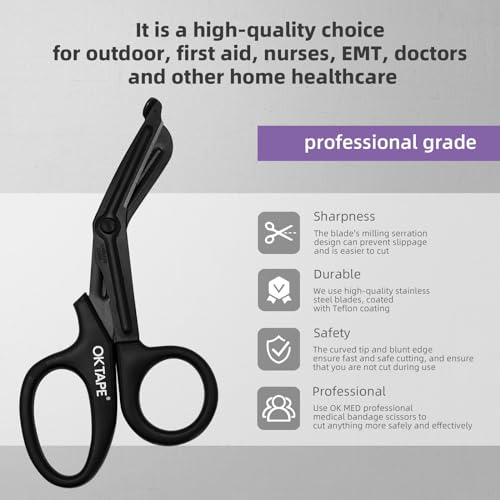 OK TAPE Shears - Bandage Scissors，Medical Scissors, EMT Trauma Shears, Non-Stick Scissors, First Aid Outdoor Stainless Steel Teflon, Black Handle and Black Coated Blades, 1 Packs