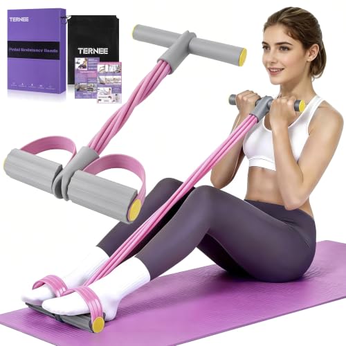 Pedal Resistance Band with Handle, Foot Pedal Resistance Band for Women, Multifunction Exercise Bands for Home Gym Full Body & Working Out - color: gray-pink