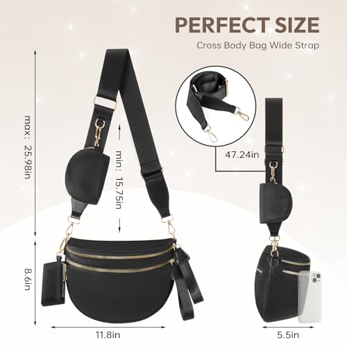 Cross Body Bag for Women Bum Bag Checkered Belt Bags Fanny Packs for Girls Travel Purse Fashion Waist Packs Crossbody Nylon Purse Trendy Shoulder Bags for Womens - color: Black