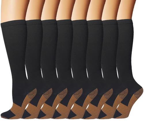 8 Pairs Knee High Compression Socks for Men Women, 15-20 mmHg Support - color: 01 Black