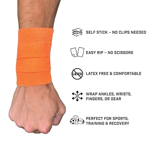 Self Stick Athletic Tape – 2” x 6.5 Yards – Latex-Free, Easy Rip Sports Wrap for Football, Baseball, Soccer, Wrist, Ankle, Finger & Injury Support (Orange) - color: Orange