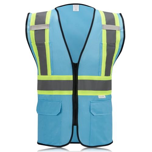 High Visibility Reflective Safety Vest with Zipper and Pockets Sky Blue,M - color: Sky Blue, size: Medium