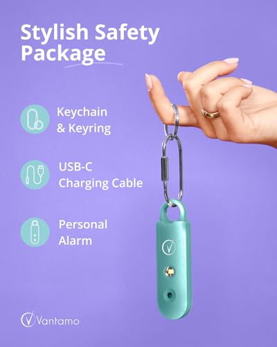 Vantamo Personal Alarm for Self Defense with Low Battery Notice, Strobe Light & Extra Loud 130 dB Double Speakers Safety Keychain Set for Women, Rechargeable Panic Button for Womens Self Defense - color: Metallic Aquamarine