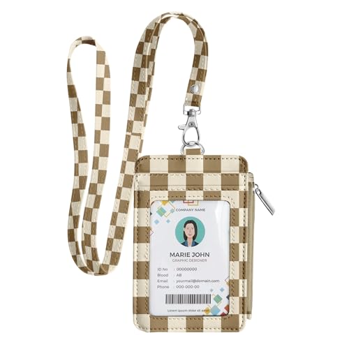 bolimoss Checkered Lanyard Wallet with ID Badge Holder Breakaway Neck Lanyard, Pu Leather Zip Id Case Wallet with Zipper Pocket for Women Office Worker Teacher Student Nurse - color: Khaki Beige Checkerboard