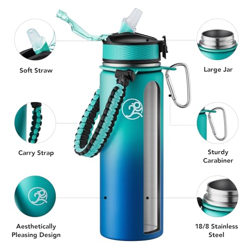 GOSWAG 24oz Insulated Stainless Steel Travel Water Bottle, 2 Lids - color: Green-Blue Ombré